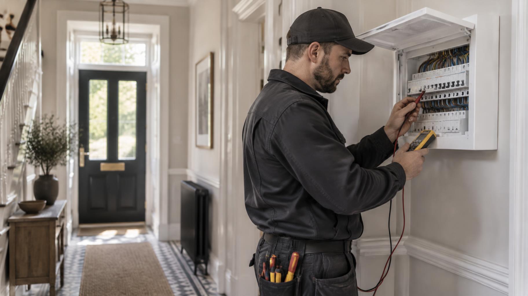 A Ridgeway Electrical electrician testing a consumer unit in a Henley-on-Thames property