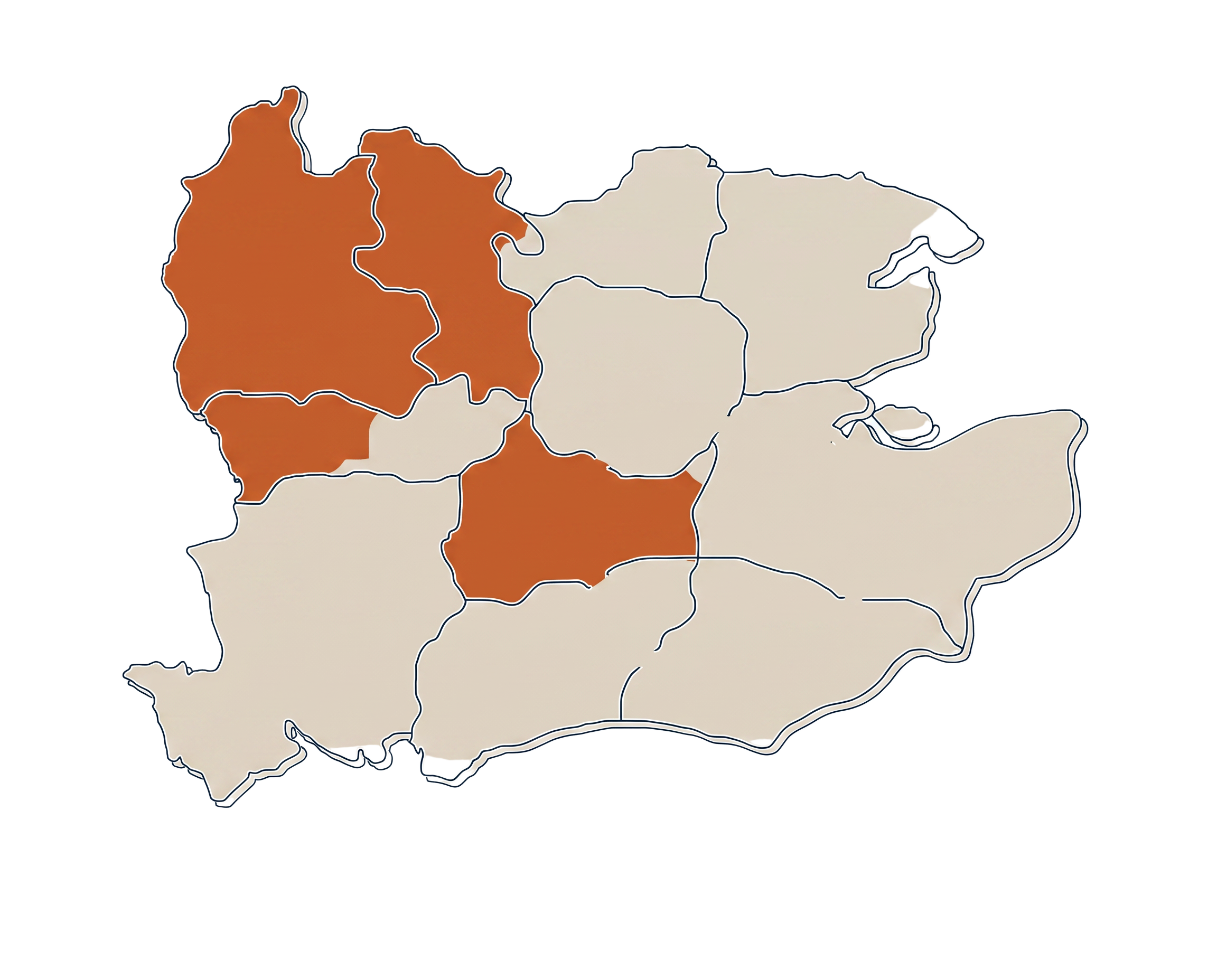Map of the home counties with Oxfordshire, Buckinghamshire, Berkshire and Surrey highlighted as our coverage area